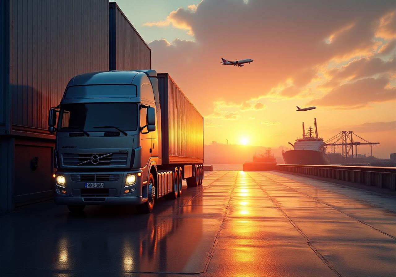 Modern logistics cargo ship and aircraft at sunset