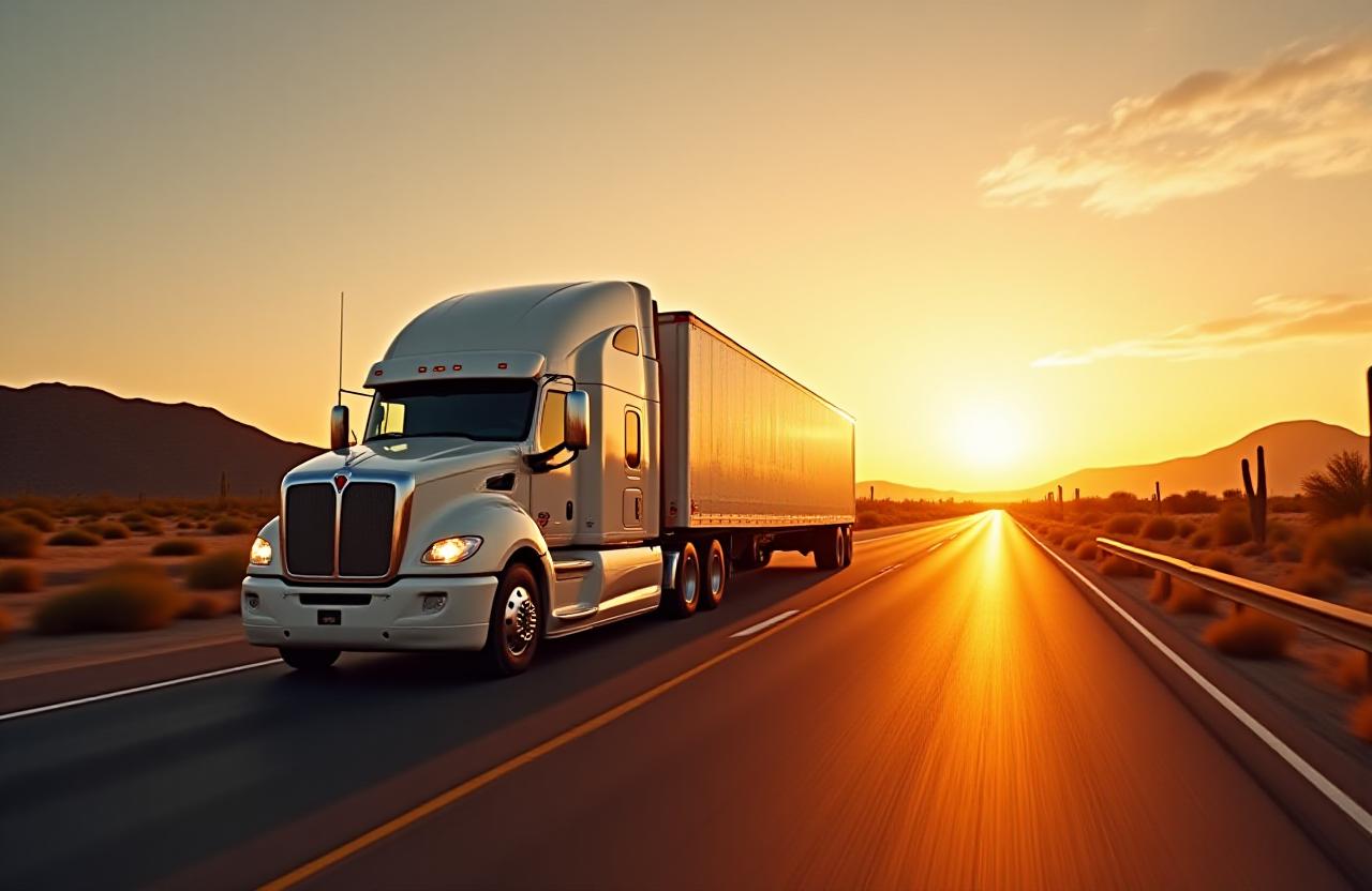Semi-truck driving through Southwest desert landscape